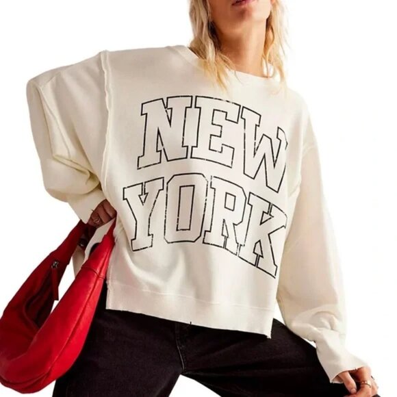 038 Free People We The Free Graphic Camden Pullover NEW YORK NWT Size Large - Picture 1 of 9
